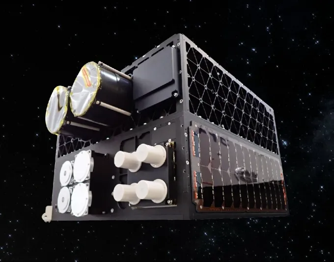 Render of the ABA First Runner (AFR-1) Earth-observation smallsat — the JV's first satellite, an 80 kg optical EO smallsat on the LEOS-50 bus.