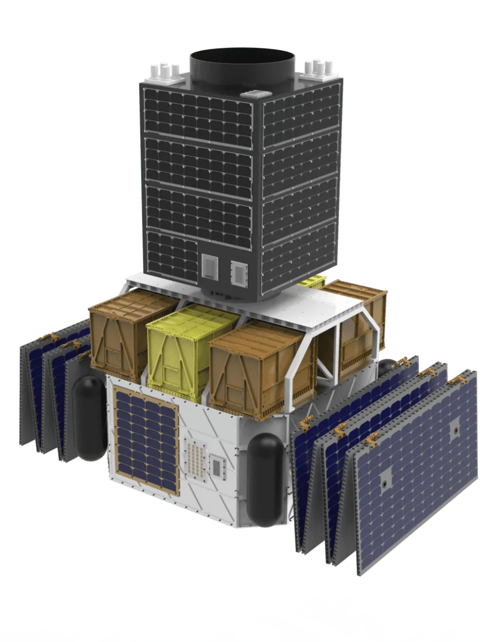 3D render of Bellatrix's Pushpak Orbital Transfer Vehicle, a space tug that delivers customer satellites to precise orbits.