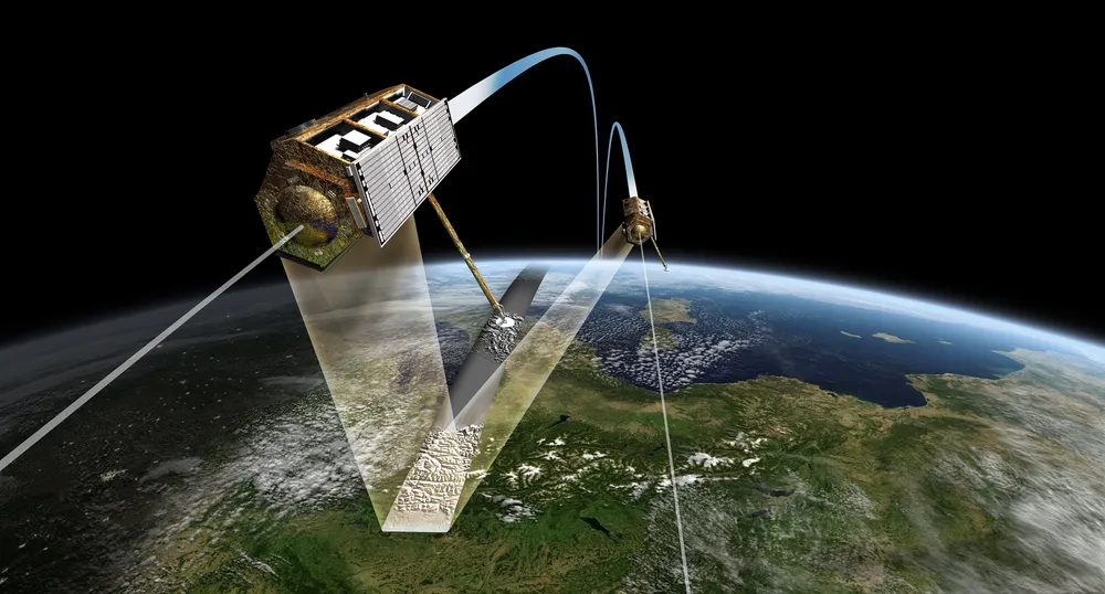 Earth-observation satellites flying in close formation above Earth (illustrative).
