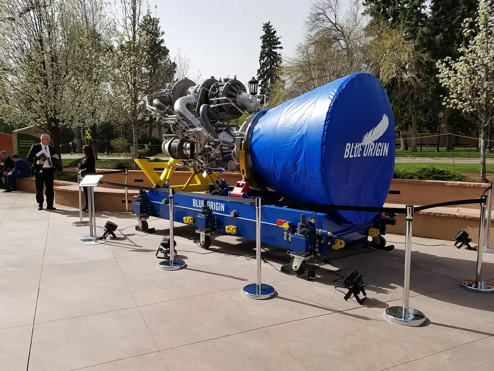 A Blue Origin BE-4 methane/oxygen rocket engine — the powerplant for New Glenn and ULA's Vulcan.