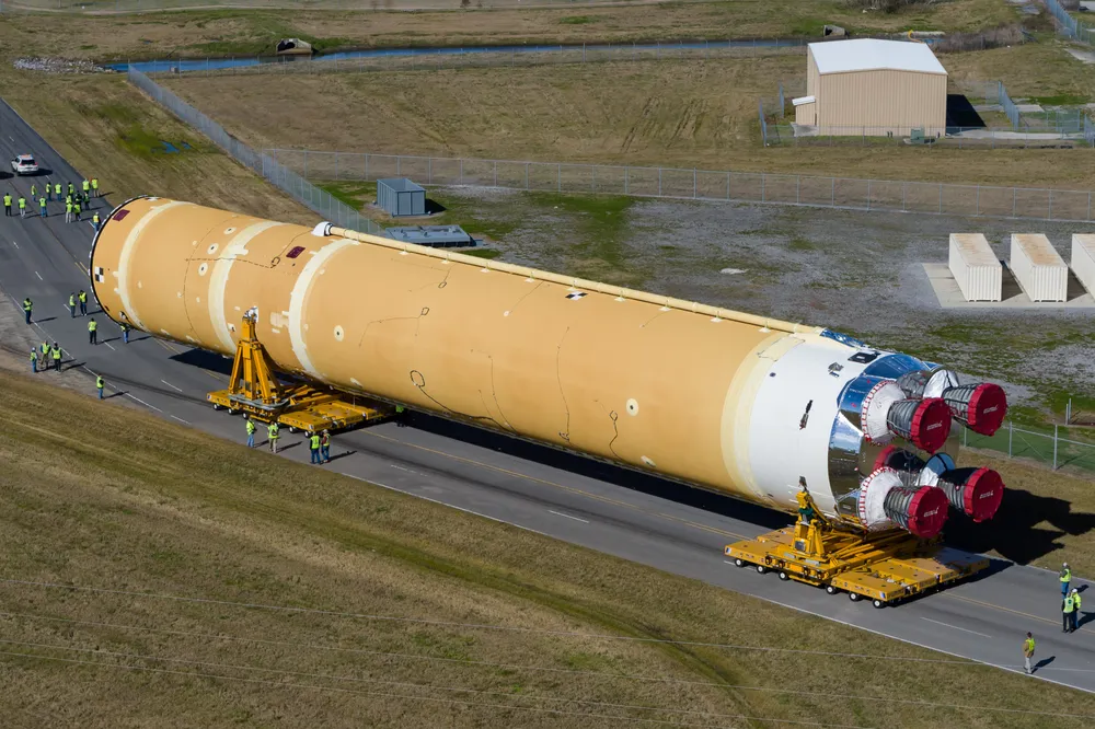 The first Boeing-built Space Launch System core stage rolls out of NASA's Michoud Assembly Facility.