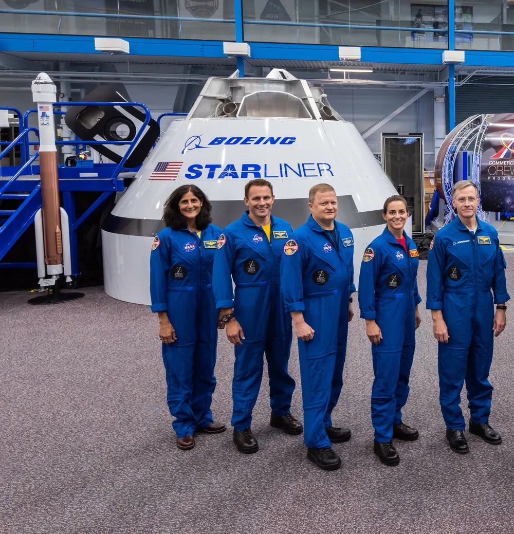 Boeing's CST-100 Starliner with its assigned astronauts at NASA Johnson Space Center.