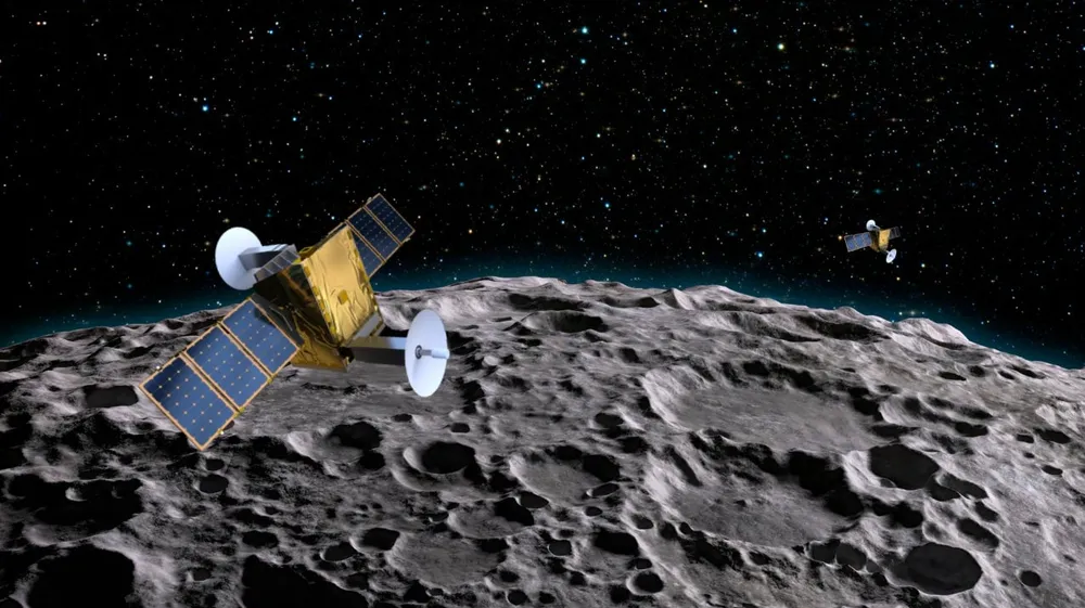 Illustration of Crescent Space's Parsec lunar satellite relay network around the Moon, which can start with as few as two spacecraft and scale up.