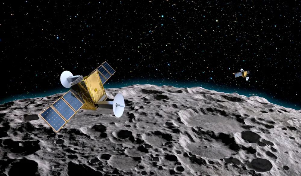 Render of a Parsec lunar relay satellite by Crescent Space orbiting above the Moon, providing communications and navigation to lunar missions (artist concept — the constellation has not yet flown).