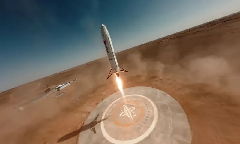 Deep Blue Aerospace's Nebula-1 reusable test rocket during its 22 September 2024 high-altitude hop test at Ejin Banner, Inner Mongolia, which ended in a hard landing after a thrust-control malfunction.