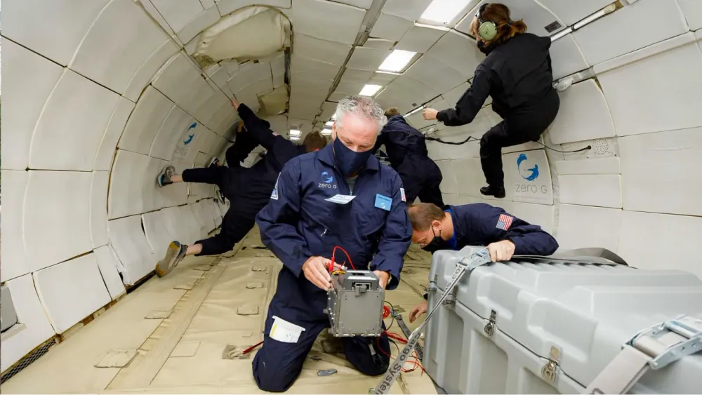 Dhruva Space's Satellite Orbital Deployer undergoing a micro-gravity (zero-G) parabolic-flight test.