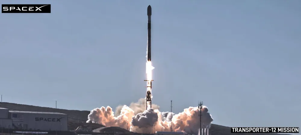 A SpaceX Falcon 9 lifts off from Vandenberg on the Transporter-12 rideshare carrying Digantara's SCOT satellite, 14 January 2025.