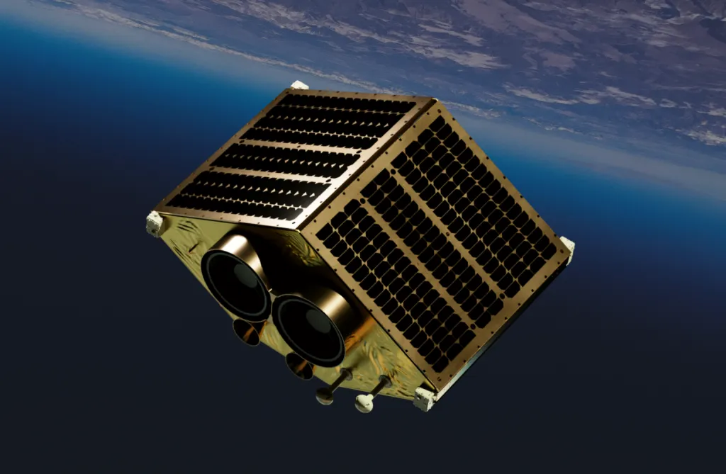 Illustration of the EOS SAT-1 Earth-observation satellite, built by Dragonfly Aerospace — the first commercial imaging satellite designed and built in Africa since 2009.
