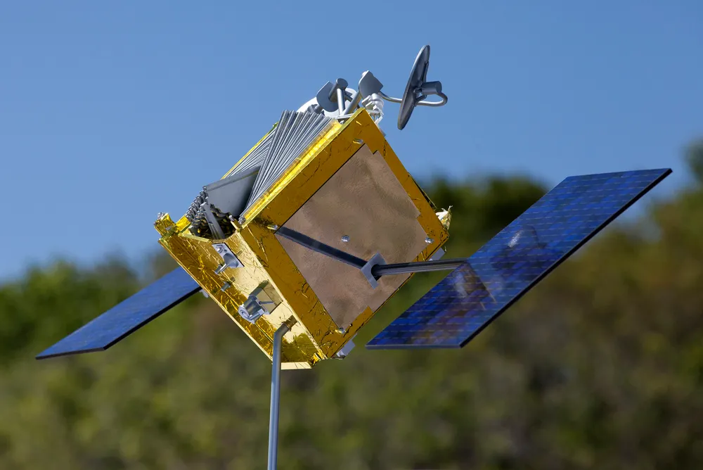 An early engineering model of a OneWeb broadband satellite on display at NASA's Kennedy Space Center, 2017.