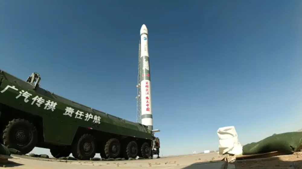 A Kuaizhou-1A carrier rocket in a special livery honouring Wuhan and its medical workers, flown in May 2020 — ExPace is headquartered in Wuhan.