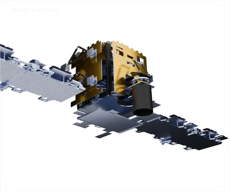 Render of GalaxEye's Mission Drishti OptoSAR satellite, which carries both an X-band SAR and a multispectral optical sensor on one platform.