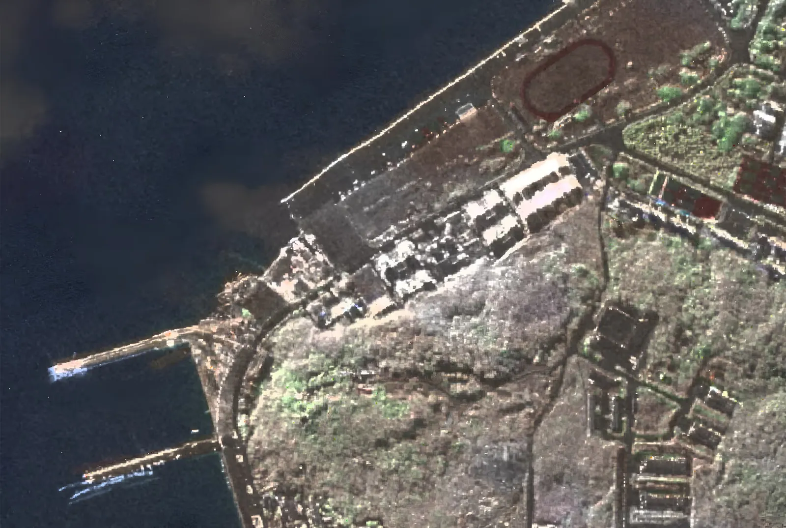 A sample of GalaxEye's SyncFused imagery — a coastal scene combining optical colour with synthetic-aperture-radar detail in one co-registered product, the output of its OptoSAR satellite.