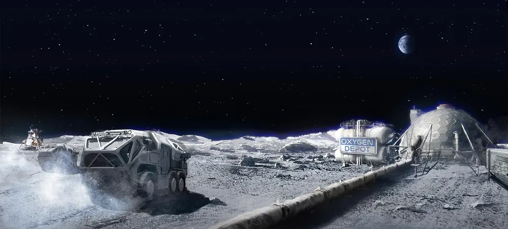 Concept render of a lunar base with an 'Oxygen Depot' storage tank, rover and habitat dome — Helios's molten-regolith electrolysis would extract oxygen (about 42% of regolith mass) on the Moon.