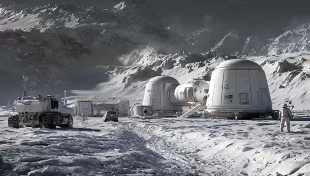 Concept render of a crewed lunar base with habitat modules and a rover — illustrating Helios's vision of producing oxygen and metals from lunar regolith via molten regolith electrolysis.