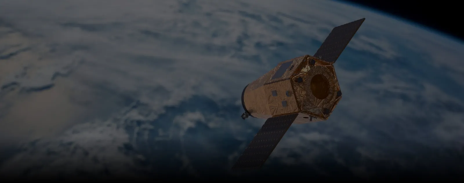 Render of a gold-foil EROS high-resolution optical reconnaissance satellite in orbit above Earth — ImageSat International (ISI) operates the IAI-built EROS satellites.