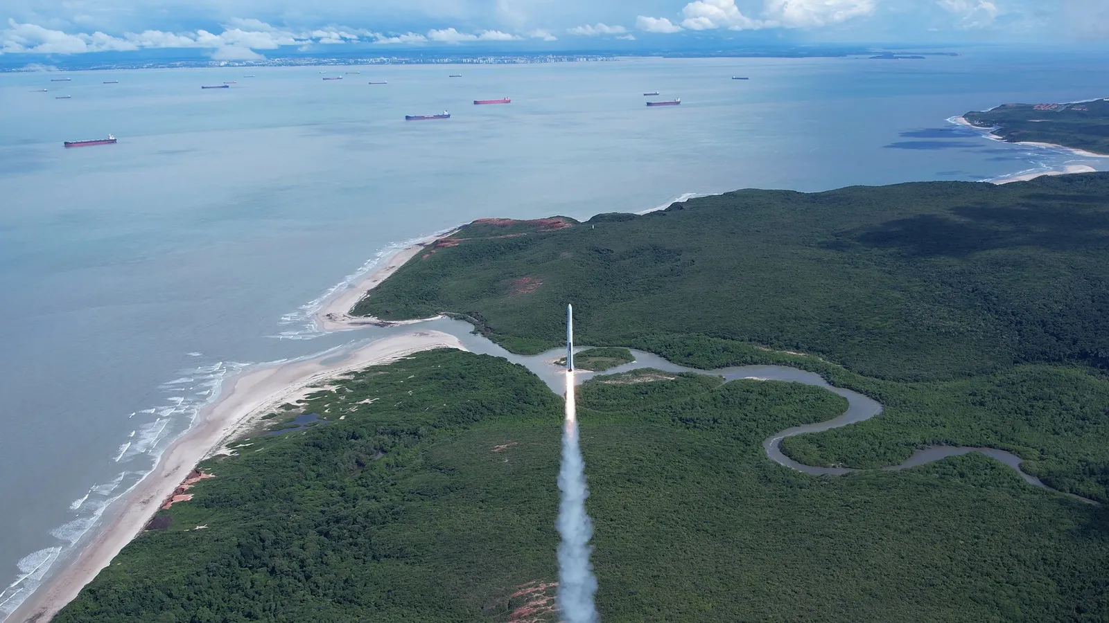 Innospace's single-stage hybrid HANBIT-TLV suborbital test rocket lifts off from the Alcântara Launch Center in Brazil on 19 March 2023 — the first space-vehicle launch by a South Korean private company. This was a suborbital test flight, not an orbital launch.