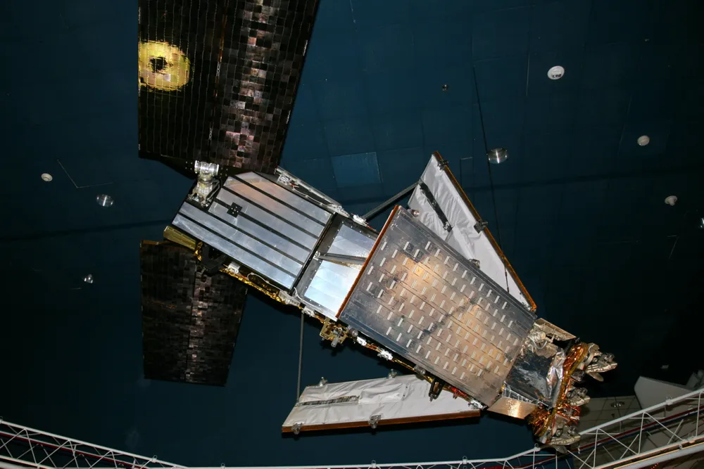 An Iridium satellite on display at the Smithsonian National Air and Space Museum.
