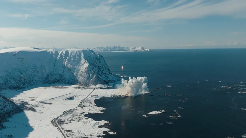 Isar Aerospace's Spectrum rocket clears the pad at Andøya on its first test flight, 30 March 2025; the flight ended about 30 seconds after liftoff and did not reach orbit.