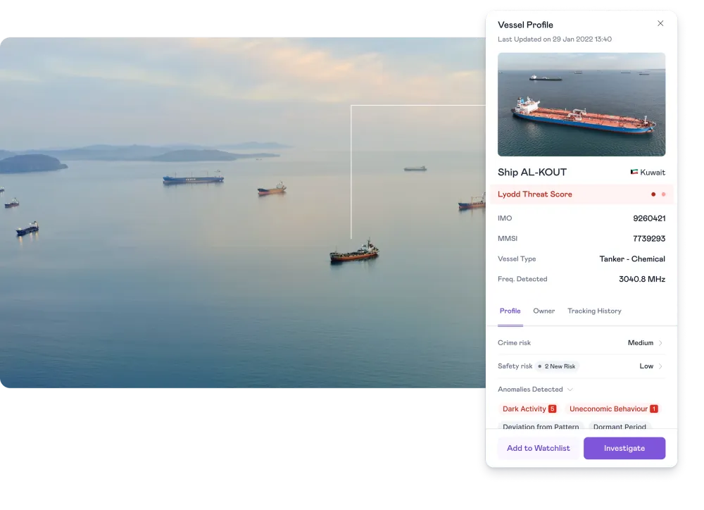 Kawa Space maritime-intelligence interface showing a vessel threat profile with dark-activity anomaly flags, from AIS/RF data fusion.