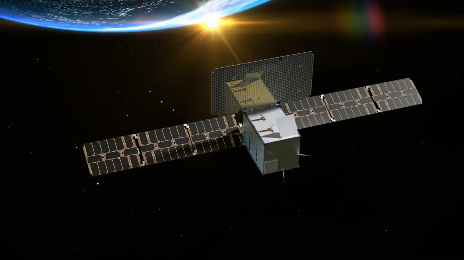 Render of a Kawa Space small satellite with deployed solar arrays in low Earth orbit — Kawa's planned RF-collection platform (concept render; Kawa has no satellites in orbit yet).