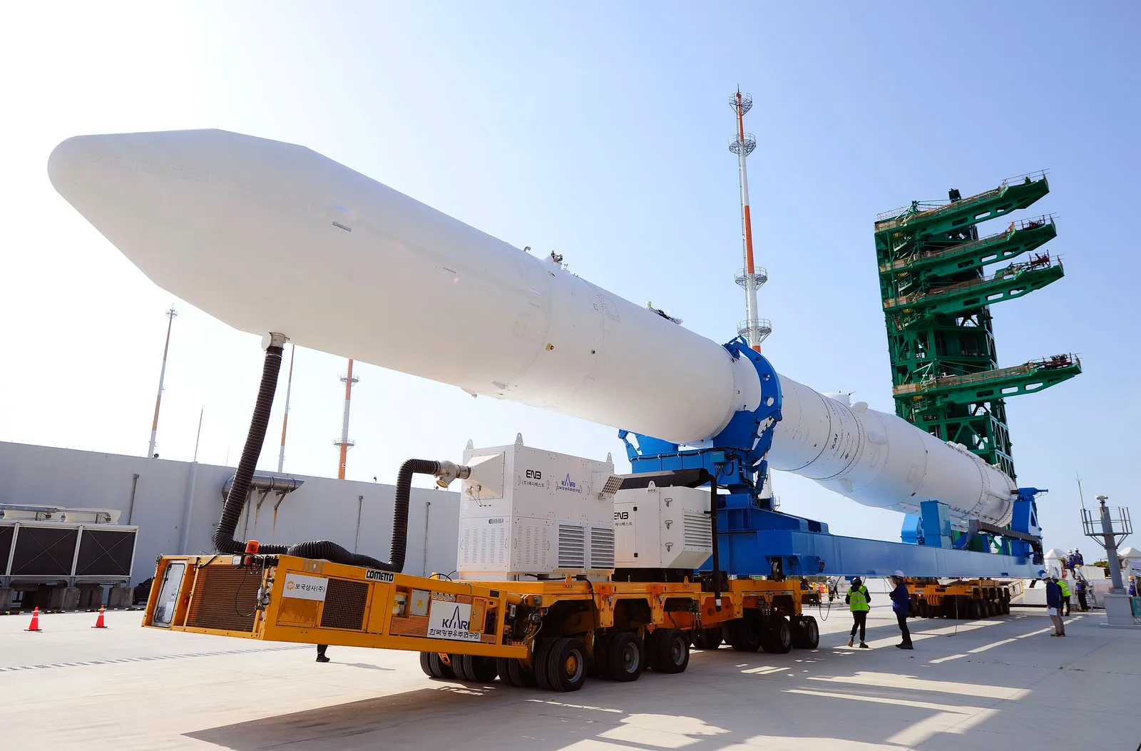 South Korea's domestically developed Nuri (KSLV-II) rocket stands on Launch Pad 2 at the Naro Space Center — KAI was systems-integration lead for the first three Nuri missions.