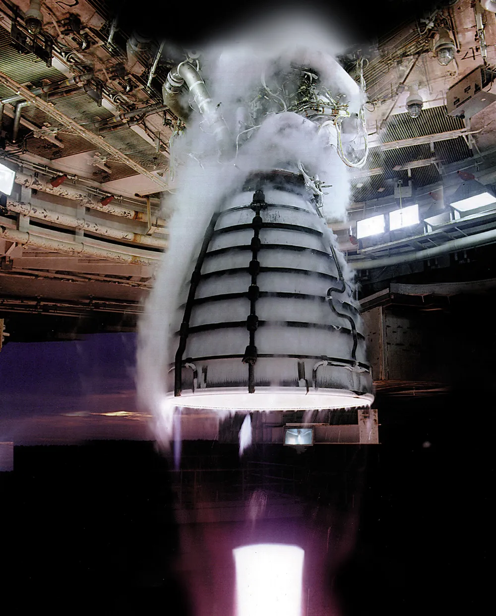 An RS-25 engine undergoes a hot-fire test at NASA's Stennis Space Center.