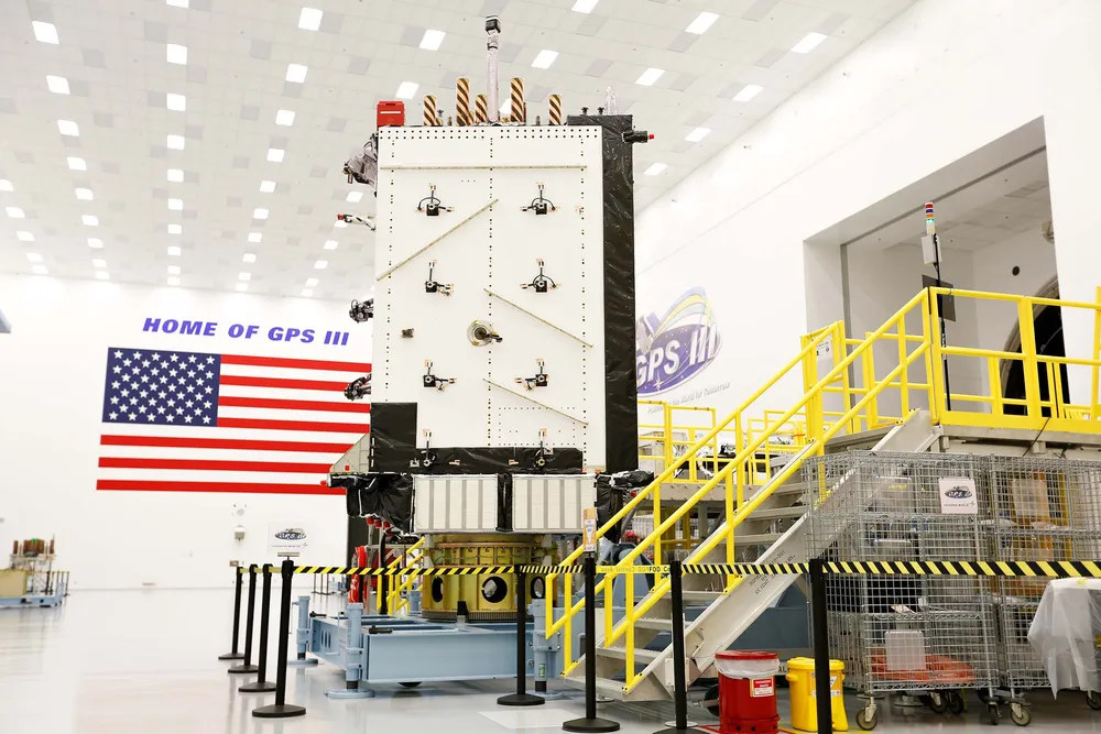 A Lockheed Martin-built GPS III navigation satellite in the company's processing facility.