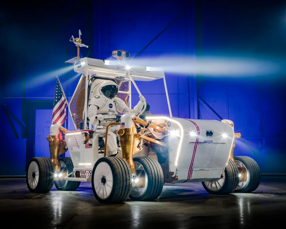 Production photography of a Lunar Terrain Vehicle ground test unit at NASA's Johnson Space Center, November 2024.