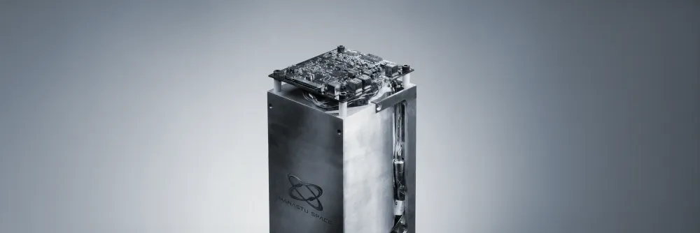 Render of Manastu Space's Vyom-2U modular green-propulsion unit, the system test-fired for 700+ cumulative seconds in orbit aboard ISRO's PSLV POEM-4.