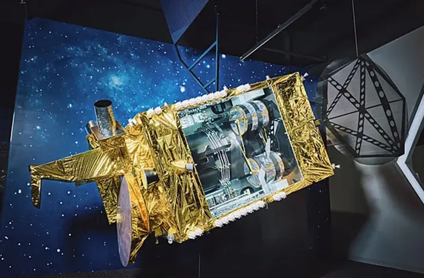 A satellite platform on the floor of Mitsubishi Electric's Kamakura Works, the company's satellite integration facility in Kamakura, Japan.