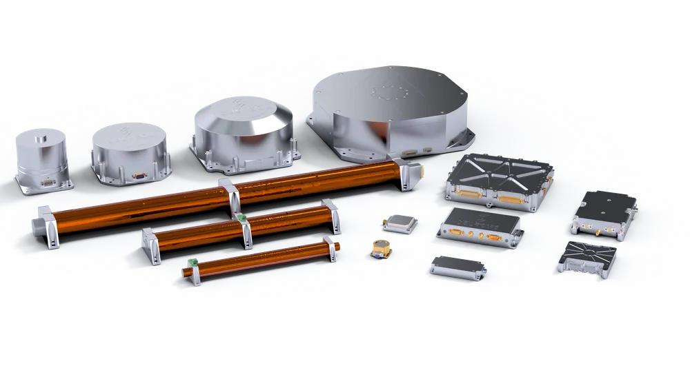 Render of NewSpace Systems' spacecraft hardware family — reaction wheels, magnetorquer rods, sun sensors and avionics units.