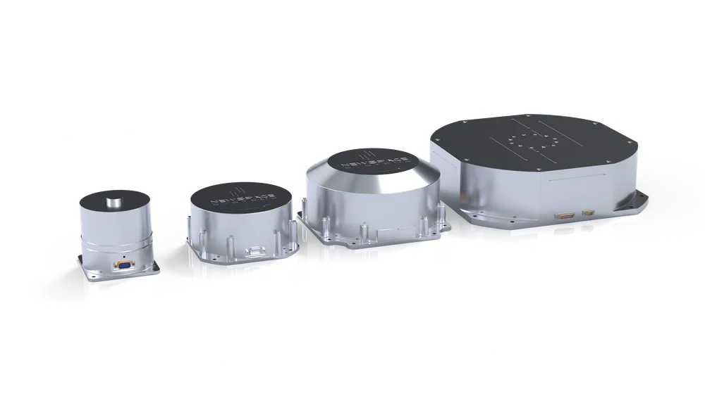 Render of the NewSpace Systems NRWA reaction-wheel family — the attitude-control actuators with over 3 million failure-free in-orbit hours.