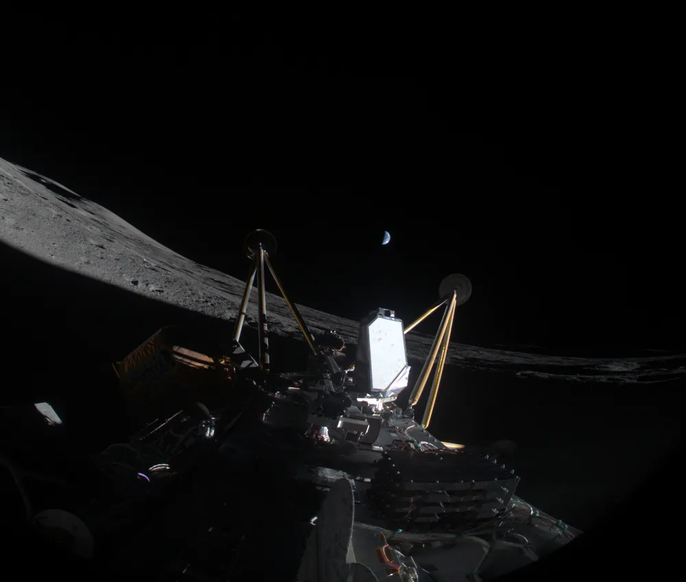 Intuitive Machines' IM-2 Athena lander resting on its side near the Moon's south pole on 6 March 2025 — the orientation that starved its solar panels and prevented Nokia's network from completing the planned first lunar cellular call.