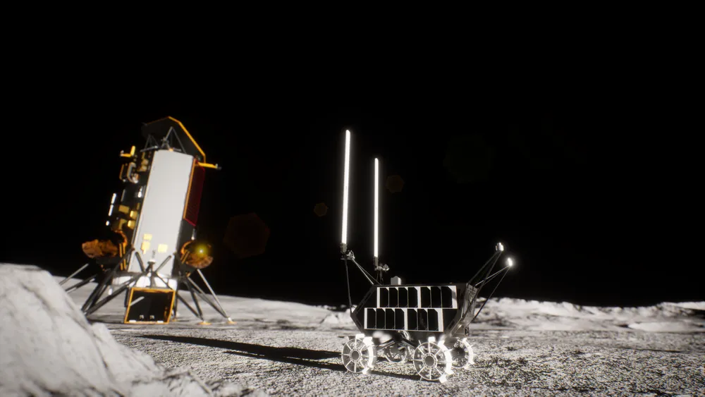 NASA artist rendering of Nokia's Lunar Surface Communication System operating on the Moon beside the Athena lander.