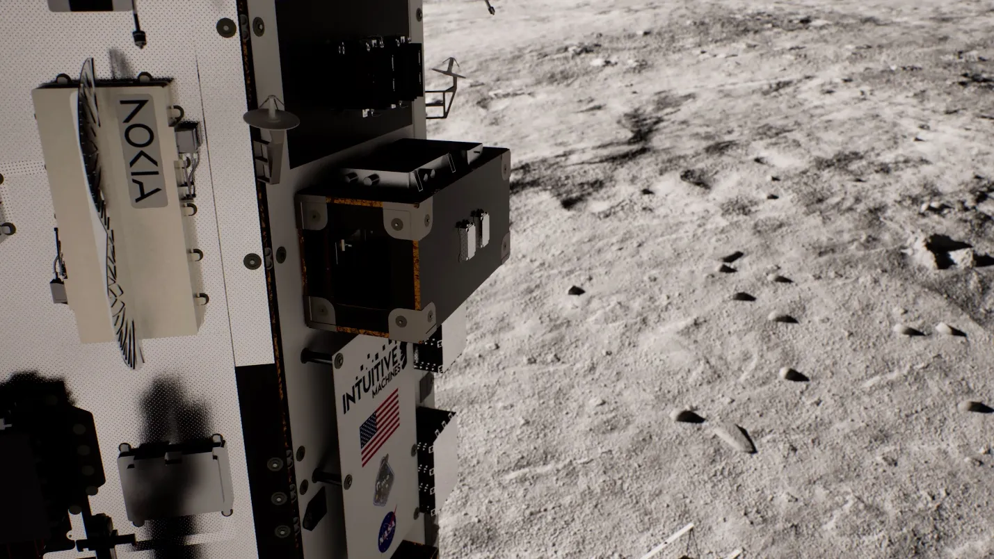 Render of Nokia's Lunar Surface Communication System — a space-hardened LTE 'network in a box' — mounted on a side panel of Intuitive Machines' Athena lunar lander.