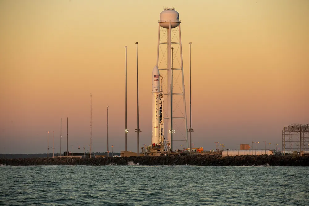 A Northrop Grumman Antares rocket with Cygnus stands on Pad-0A at NASA Wallops.