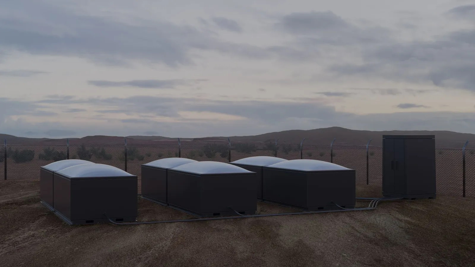 Render of a Northwood Space Portal phased-array ground station — multiple radome-covered Portal units and an equipment cabinet at a remote desert site.