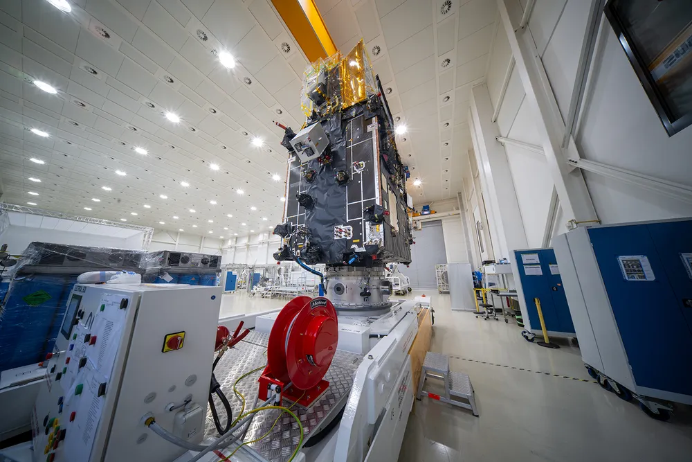 The Meteosat Third Generation Sounder (MTG-S) weather satellite, carrying the Copernicus Sentinel-4 instrument, inside the OHB cleanroom in Bremen in February 2025.