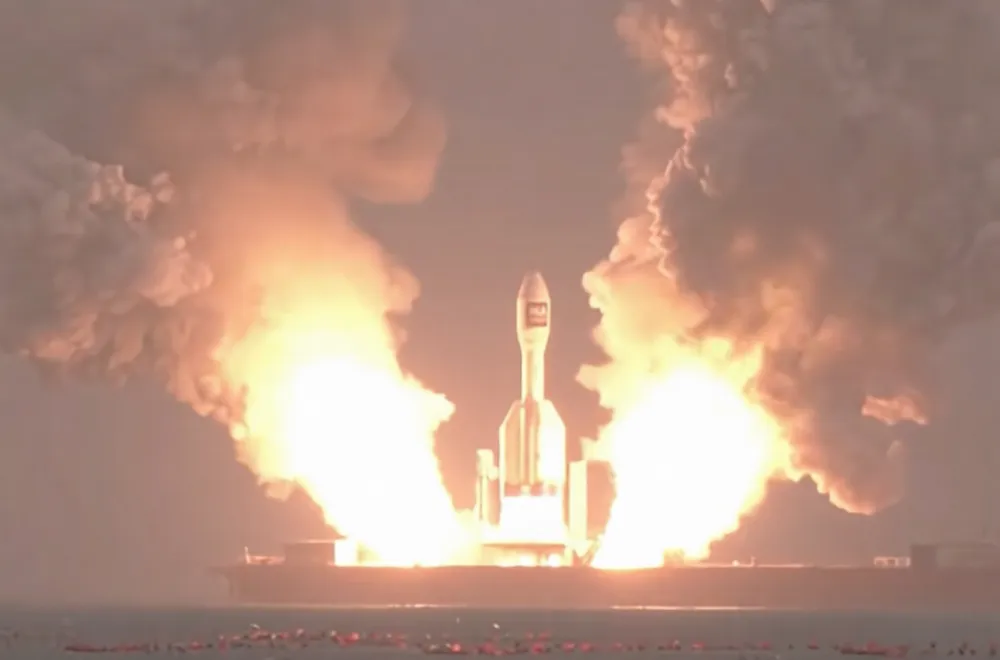 Orienspace's bundled solid-propellant Gravity-1 rocket ascends over its sea-launch barge in the Yellow Sea, October 2025.