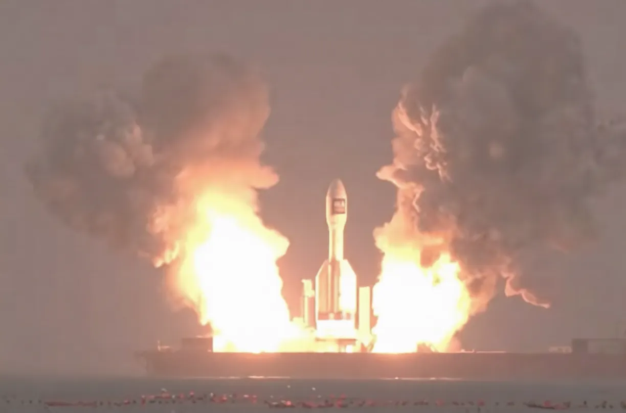 Orienspace's Gravity-1 — the world's largest solid-propellant rocket — lifts off from a sea-launch vessel in the Yellow Sea off Haiyang, Shandong, on its second flight, 11 October 2025.