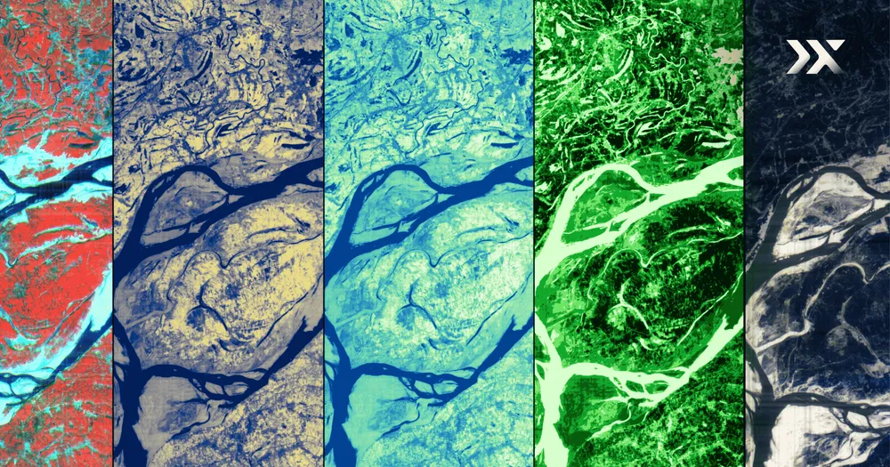 A Pixxel Firefly hyperspectral 'first light' image of the River Ganga in India, showing braided river channels in enhanced colour.