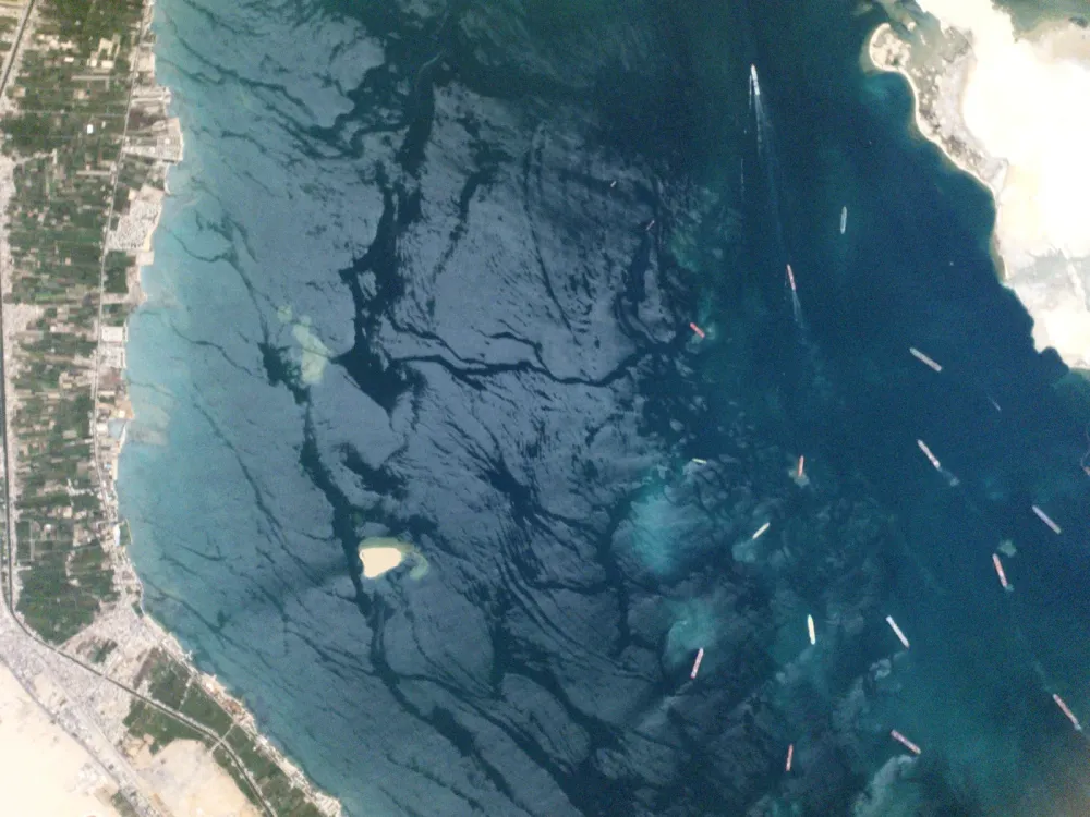 Ships in the Great Bitter Lake along Egypt's Suez Canal, captured by a Planet Labs satellite.