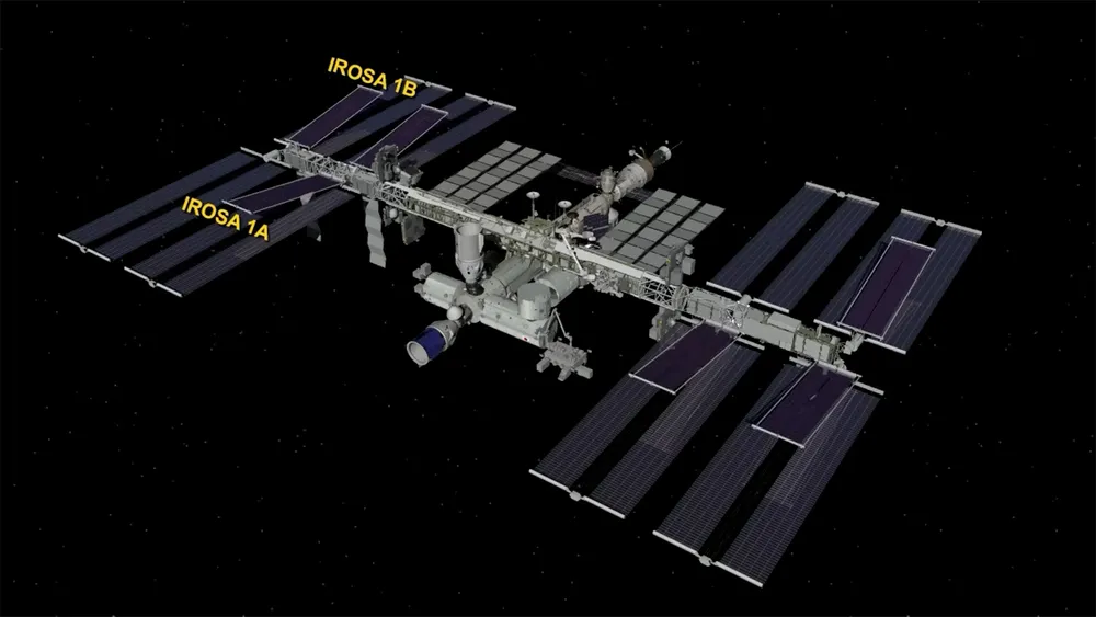 The International Space Station with its augmenting Redwire roll-out solar arrays installed.