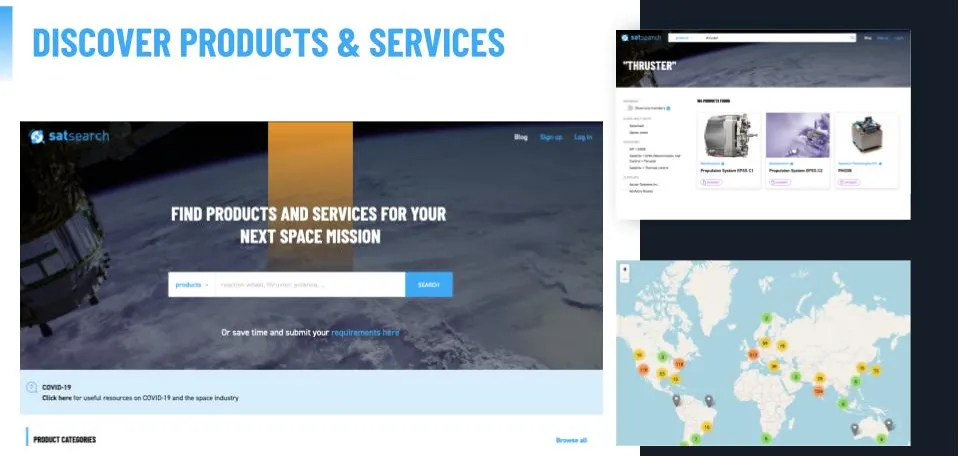 satsearch product-discovery screens — the homepage search bar and a product results page for 'thruster' showing propulsion systems side by side.