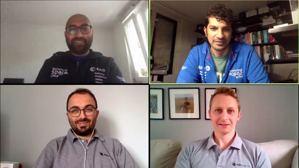 The satsearch team during its ESA-BIC Noordwijk incubation, on a video call wearing satsearch-branded shirts.