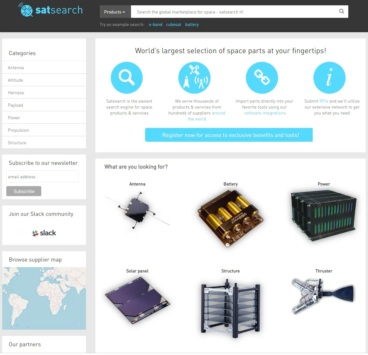 Screenshot of the satsearch marketplace web interface — a category sidebar, a world map of suppliers and product thumbnails — the database engineers use to search and compare the global space supply chain.