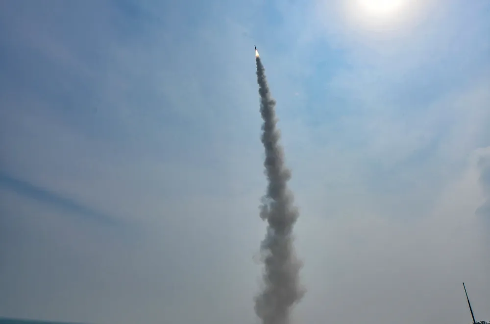 Skyroot's Vikram-S rocket climbing into a clear sky shortly after liftoff during Mission Prarambh.