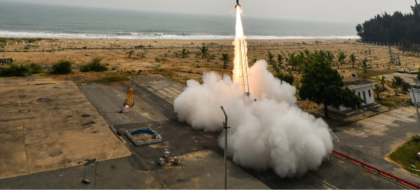 Skyroot Aerospace's Vikram-S suborbital sounding rocket lifts off from the Satish Dhawan Space Centre, Sriharikota, on 18 November 2022 — India's first private rocket launch (Mission Prarambh).