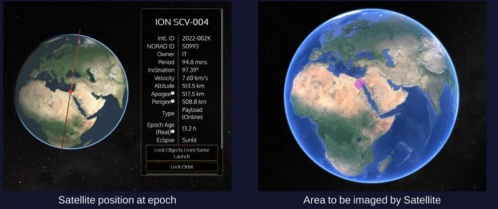 Side-by-side satellite imagery showing SkyServe STORM's on-orbit cloud removal and vegetation classification output, computed on the satellite before downlink.
