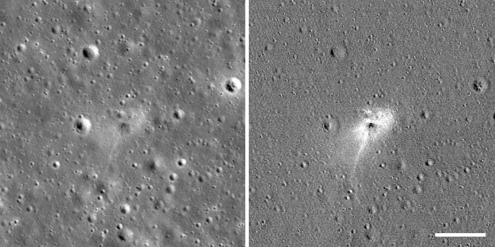 NASA Lunar Reconnaissance Orbiter image of the dark smudge left by Beresheet's high-speed impact in Mare Serenitatis after its failed landing on 11 April 2019.